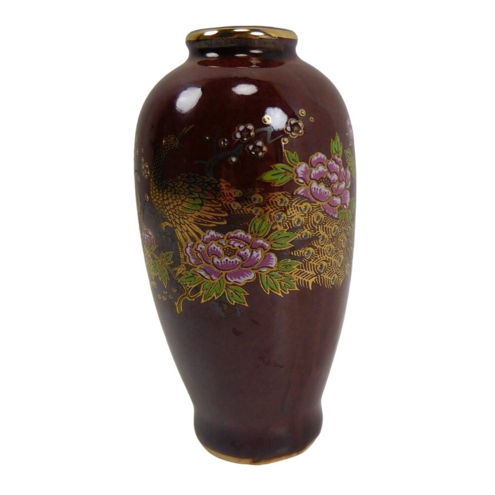 Vintage Japanese Style Pheasant 4.5" Mini Vase Brown,Gold Trim